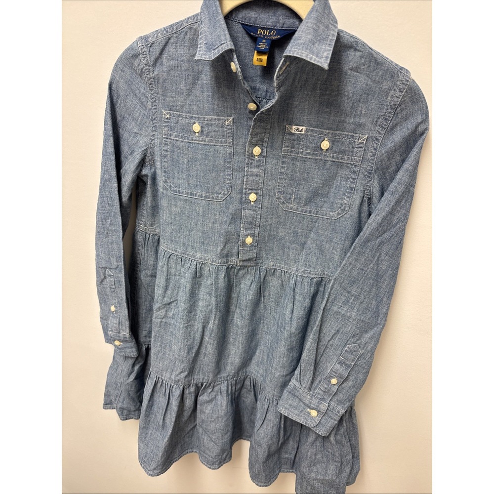 Polo Ralph Lauren Girls Denim Button Down Tiered Dress In 10